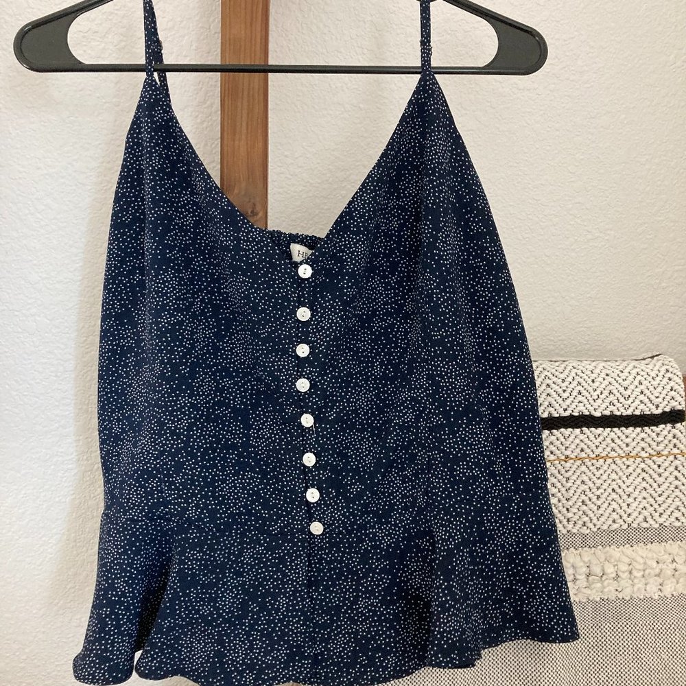 Dark Blue White Dots Button Down Ruffle Bottom Ruched Back